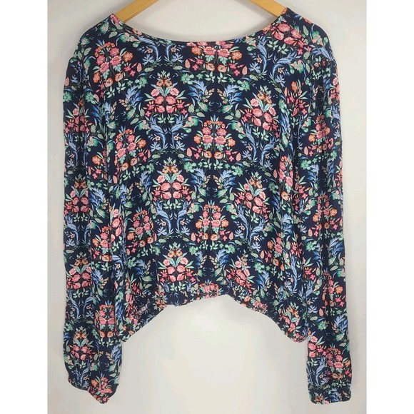 LOFT Floral Rayon Wrap-Style Blouse Size L | Navy Floral V‑Neck Long Sleeve. EUC - Picture 3 of 7